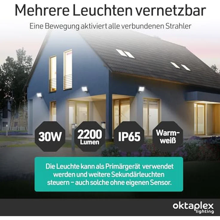 Oktaplex lighting LED Außen-Wandleuchte Oktaplex Cali Motion Außenstrahler 3000K 30W, Bewegungssensor & Diffusor, LED fest integriert, warmweißes Licht, Außenstrahler mit Bewegungsmelder anthrazit LED Außenleuchte – Bild 3