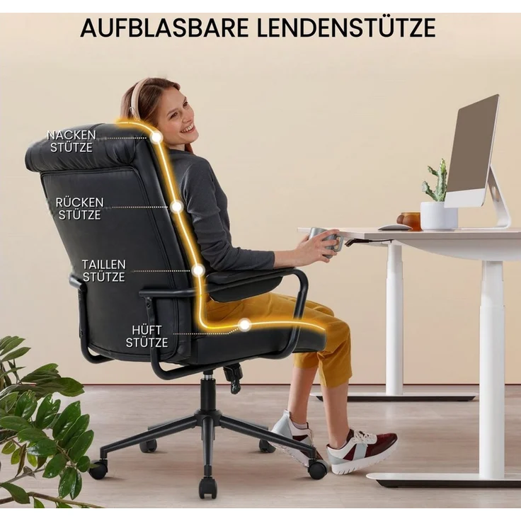 IWMH Bürostuhl Ergonomischer Chefsessel, Retro PU-Leder Drehstuhl, Schreibtischstuhl mit Lendenwirbelstütze Höhenverstellbar Gaming Stuhl – Bild 4