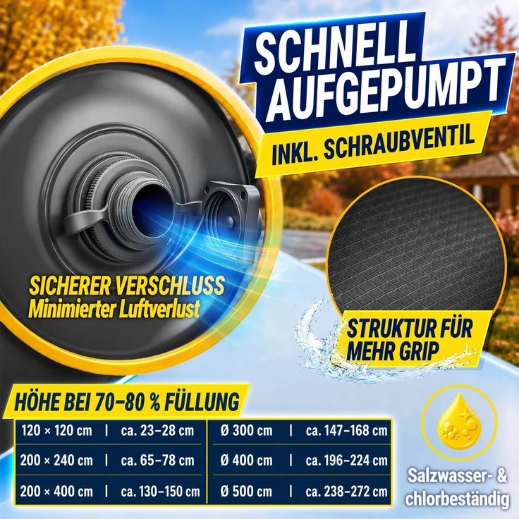 tillvex® Poolkissen Winter XXL 120x120cm mit 12m Seil & Reparaturkit | Luftkissen zur Poolabdeckung frost- & chlorbeständig bis -20°C | Winterkissen inkl. Schraubventil | Kissen Überwinterung Pool – Bild 5