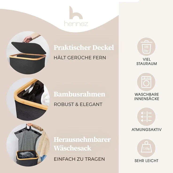 HENNEZ Wäschekorb mit Griff aus Bambus, 100 l – Wäschekorb mit Deckel, Dunkelgrau – Bild 2