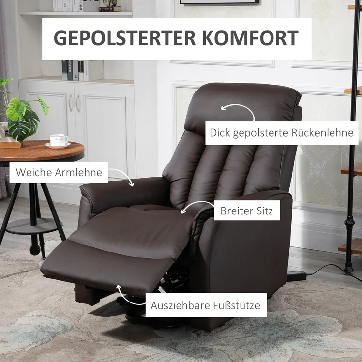 HOMCOM Elektrischer Aufstehsessel, Kunstleder, Schaumstoff, Braun, 80B x 94T x 104H cm – Bild 2