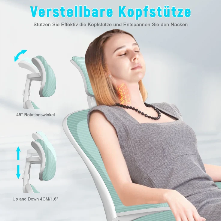 Botifly Ergonomischer Bürostuhl mit Kopfstütze, Mesh-Gewebe, Mintgrün, 90°-120° Wippfunktion, 10 cm Höhenverstellbar, 52 x 26 x 57 cm – Bild 6