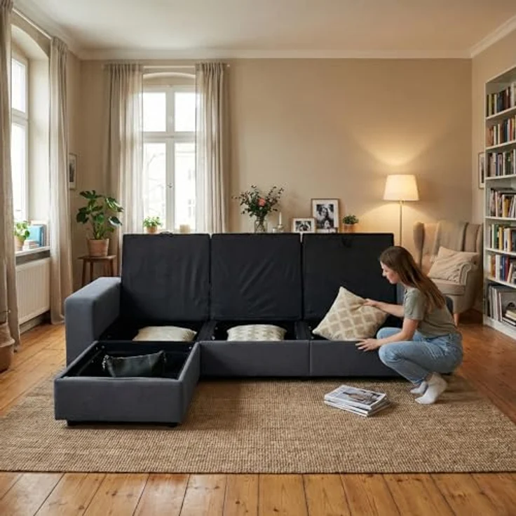 Ball & Cast Ecksofa Klein mit Stauraum, Moderne L-förmige und Umkehrbare Couch für Wohnzimmer, Schlafzimmer & Wohnung, Dunkelgrau – Bild 7