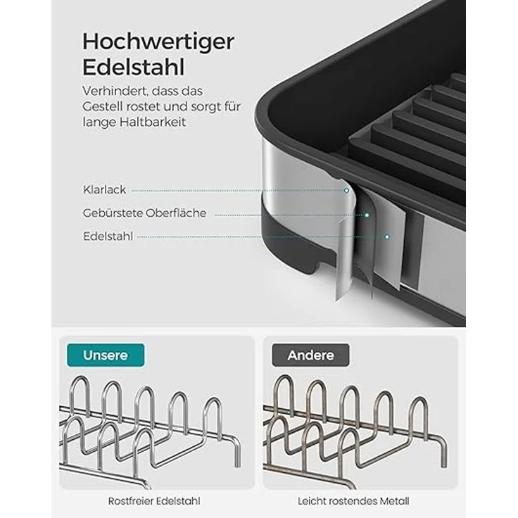 SONGMICS Abtropfgestell klein, Geschirr-Abtropfgestell für Spüle, Abtropfständer, Abtropfgitter Edelstahl, Abtropfschale, Besteckhalter, Tassenhalter rostfrei, für Geschirr, silbern-schwarz KCSDE034B01 – Bild 5