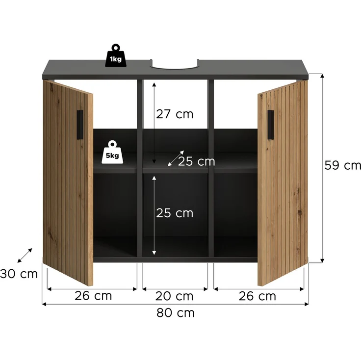 Waschbeckenunterschrank B/H/T: 80x59x30 cm in Basalt Nachbildung und -- – Bild 4