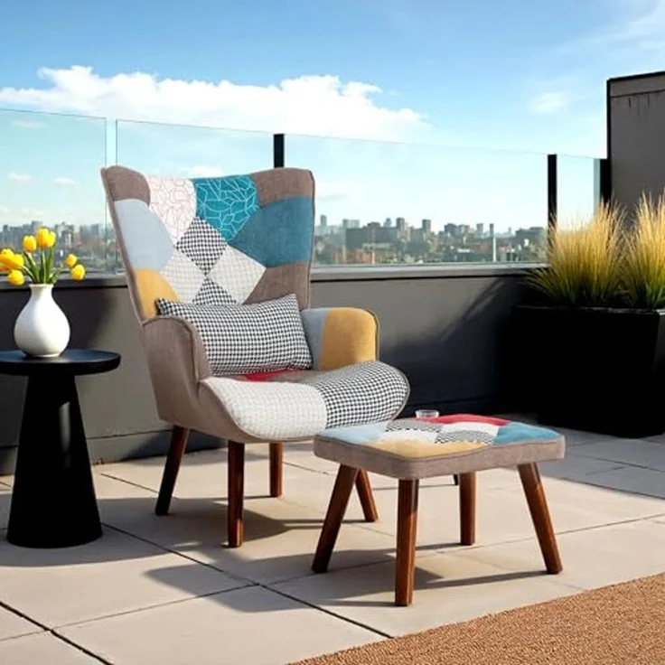FurnitureR Gartenstühle mit Fußhockel, Vintage-Stil, Bunte Stoffbedeckung, komfortable Gartenmöbel, langlebige Holzbene – Bild 3