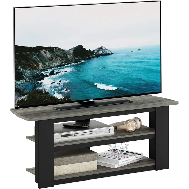 Furinno Parsons TV-Unterhaltungszentrum mit 3 Ebenen, holz, Eiche Grau/Schwarz, 34.04 x 34.04 x 41.91 cm – Bild 1