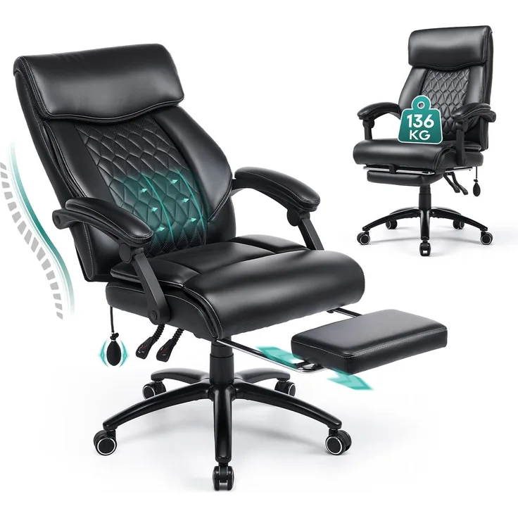 COLAMY Ergonomischer Chefsessel mit Fußstütze, gepolsterten Hochklapparmen und Kippverstellung für langes Arbeiten im Homeoffice, Schwarz