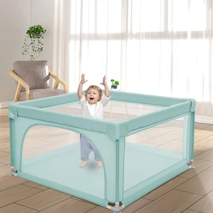 Baby Laufstall, Laufgitter klappbar, Ein-Knopf-Faltung & Sicherheitsschlössern, Krabbelgitter mit Netz & Reißverschluss, Laufgitterzelt für Kleinkinder,120 * 120 * 66cm – dunkelgrün – Bild 7
