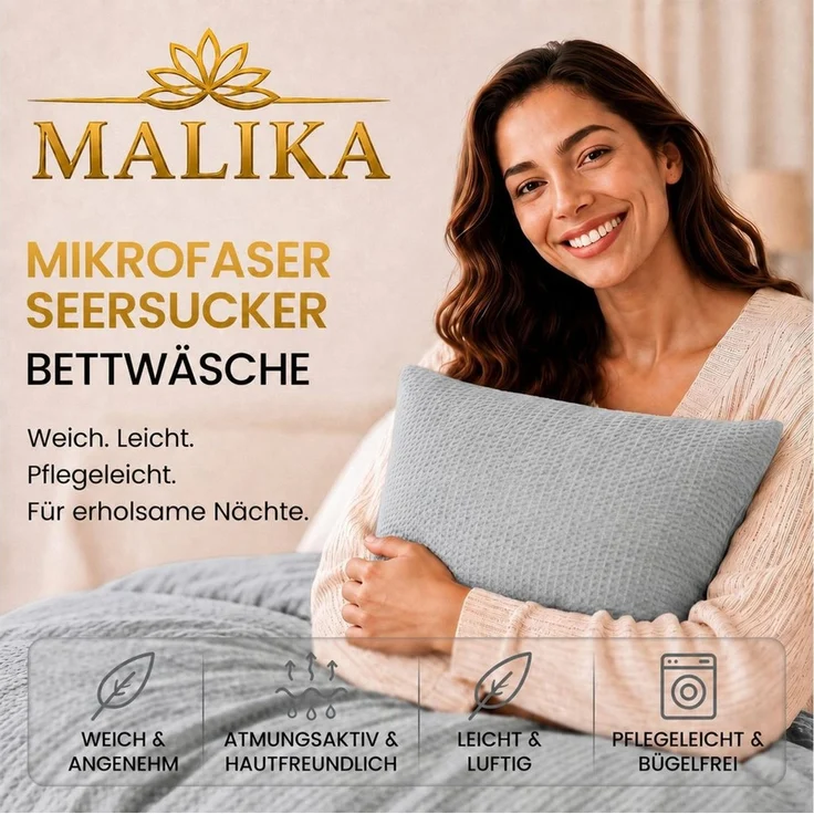 Malika Bettwäsche aus 100 % Mikrofaser, 1 x 135 x 200 + 1 x 80 x 80 cm, Seersucker, Hellgrau, Seersucker, 2 teilig, Für Allergiker geeignet, pflegeleicht, angenehm weicher Stoff – Bild 3