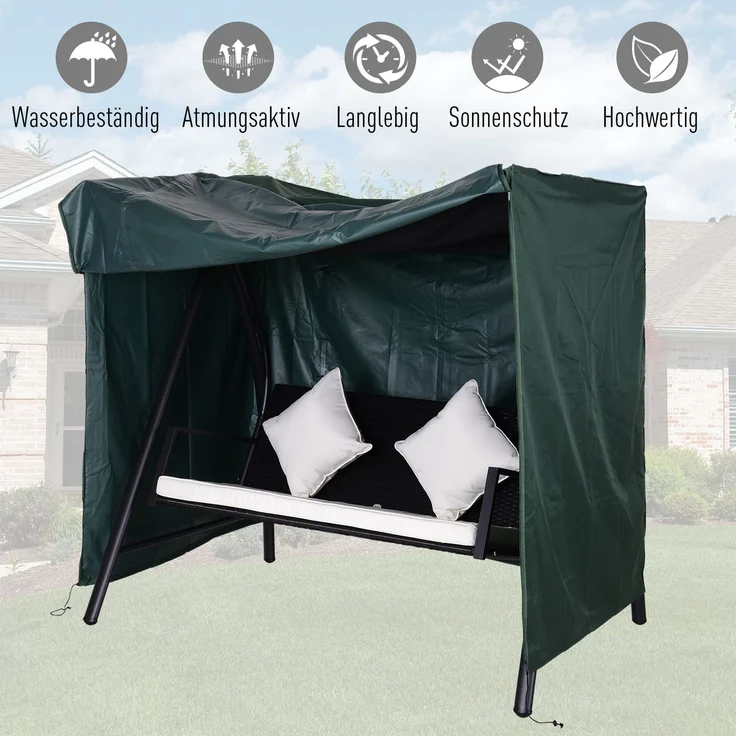 JARDJ Hollywoodschaukel Abdeckung 3 Sitzer, Wasserabweisend Winterfest Schutzhülle für Gartenschaukel, UV-Beständig Abdeckplane, Abdeckhaube, Reißfest 420D Oxford Gewebe, 177x114x152cm Dunkelgrün – Bild 6