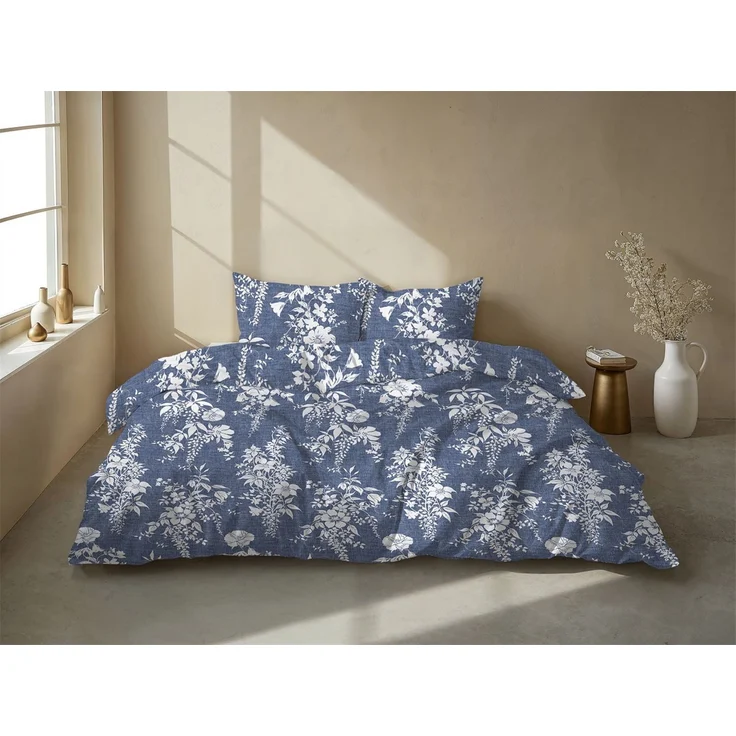 Zohome Cotton Bettwäsche 135x200 Ibisco di Lino Urban Blue Blumen blau weiß – Bild 3
