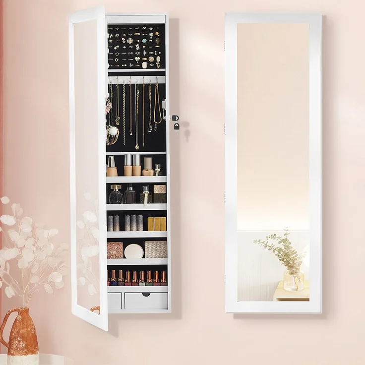 Schmuckschrank mit LED Beleuchtung und abschließbar, MDF weiß, JBC93W, 37 x 10 x 120 cm – Bild 2