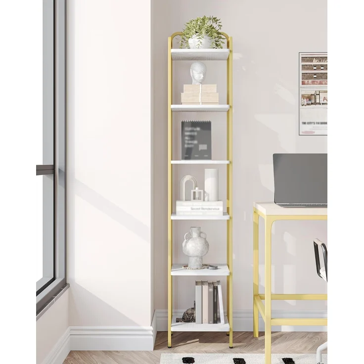Bücherregal, Regal, Standregal, Schmales Bücherregal, Industrielles Eckregal, Schlankes Regal für Heimbüro, Wohnzimmer, Schlafzimmer, Küche, 6 Ebenen Weiß-Gold – Bild 1