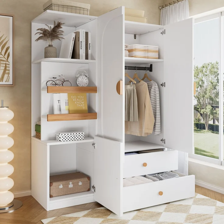 Merax Kleiderschrank mit Stauraum, Mehrzweckschrank in Weiß/Natur, Garderobenschrank mit Schubladen, Kleiderstange und offenen Regalfächern – Bild 2