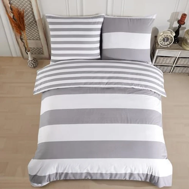 Buymax Bettwäsche Aspara Bettbezug Set 100% Baumwolle, Renforcé, 2 teilig, mit Reißverschluss, modern gestreift, Grau Weiß, 135x200 cm – Bild 7