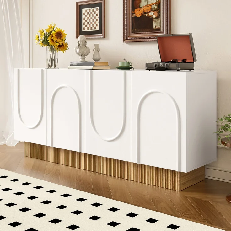 ZUBALIYA Sideboard 160x38x75 cm, mit 4 Türen, aus Spanplatte, Weiß / Holzfarben – Bild 8