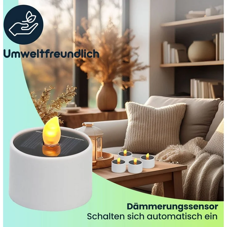 Casativo LED-Teelichter Solar-LED Teelichter IP44 bis 8 St. mit Dämmerungssensor Kabellos, LED fest integriert, warmweiß, Flammen-Effekt als Nachtlicht, ca. 8 Std. Leuchtdauer, Tagesaufladung – Bild 4