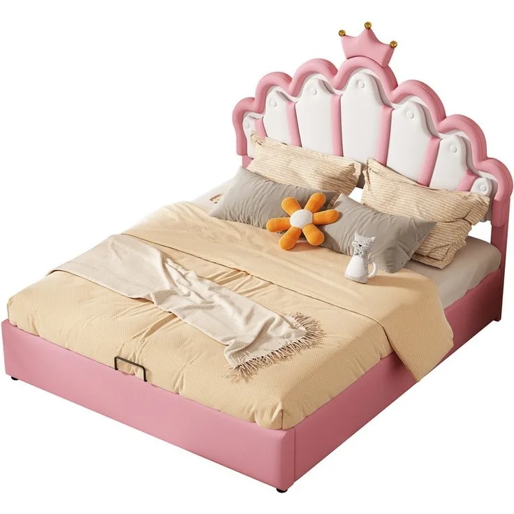 TavilaEcon Prinzessinbett kronenförmiges Prinzessinnenbett Funktionsbett Flachbett, PU-Leder, 140 x 200cm