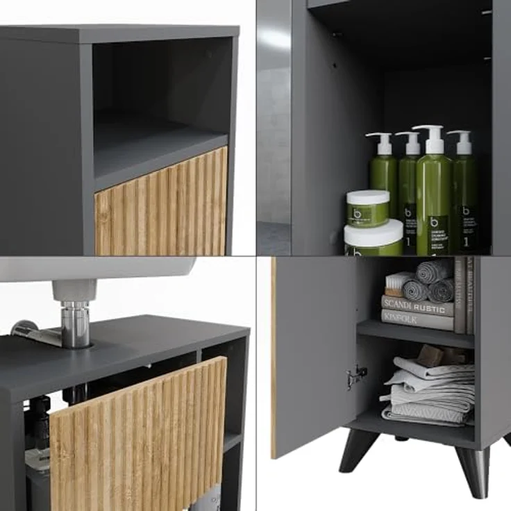 Vichy Badmöbelset Leano, Badezimmermöbel Set 4, Anthrazit/Bergeiche, mit Hochschrank, Badspiegelschrank und Waschbeckenunterschrank – Bild 6