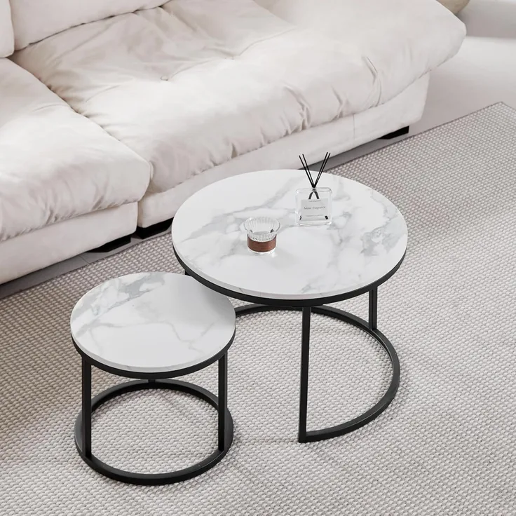 GrandCA HOME Couchtisch 2er Set,Stapelbarer Couchtisch, Couchtische Rund, Marmorierte MDF-Tischplatte, Schwarze Tischbeine aus Edelstahl，Geeignet für Wohnzimmer, Esszimmer（Ø60x45H cm，Ø40x35H cm）