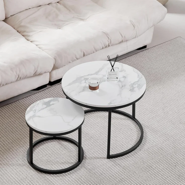 GrandCA HOME Couchtisch 2er Set,Stapelbarer Couchtisch, Couchtische Rund, Marmorierte MDF-Tischplatte, Schwarze Tischbeine aus Edelstahl，Geeignet für Wohnzimmer, Esszimmer（Ø60x45H cm，Ø40x35H cm）