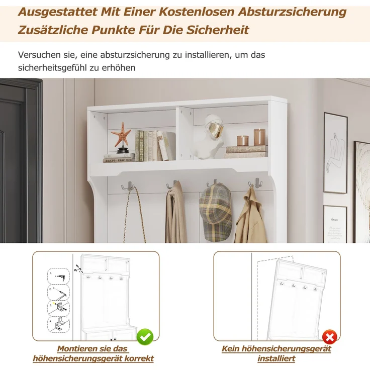 Schrank mit integrierter Sitzbank, Stauraum, Silent Soft-Close Türen, offenen Fächern und 4 Haken – Bild 8