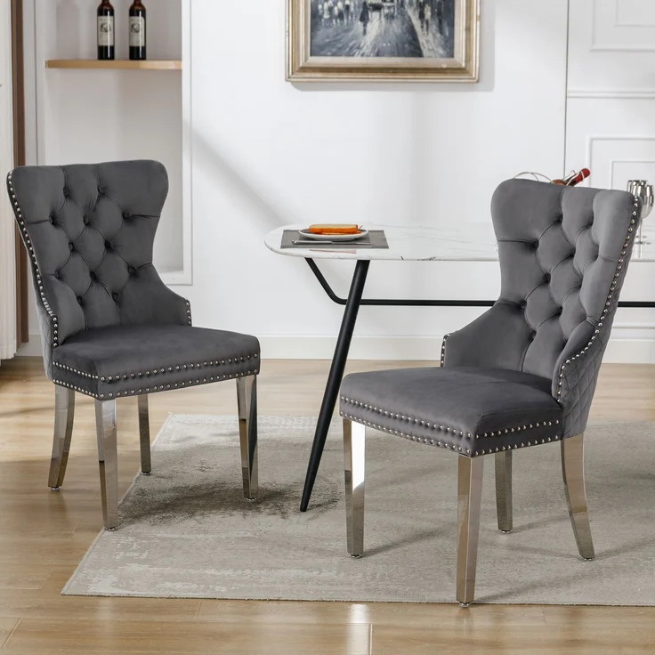 2er Set Esszimmerstuhl Samt gepolstert Massivholz & Metall, modernes Design mit Pin-Kopf Dekoration,Grau – Bild 3