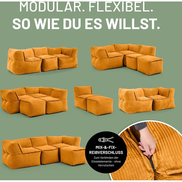 Lumaland Modulares Basic Set - Cord-Reihe | Indoor Sitzsäcke mit Softer Struktur, ideal Sofa Modulen & zum Pouf | Bean Bag mit Füllung - für Wohnzimmer & Co. – Bild 5