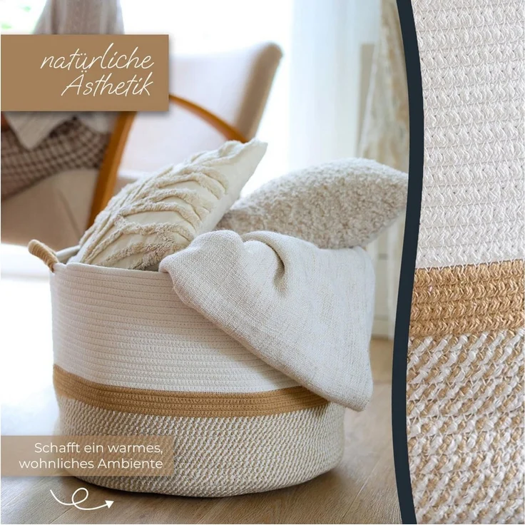 HMF Aufbewahrungskorb Aufbewahrungskorb mit verstärkten Griffen, großer Korb aus Baumwolle, 50x33 cm, Weiß-Braun – Bild 3