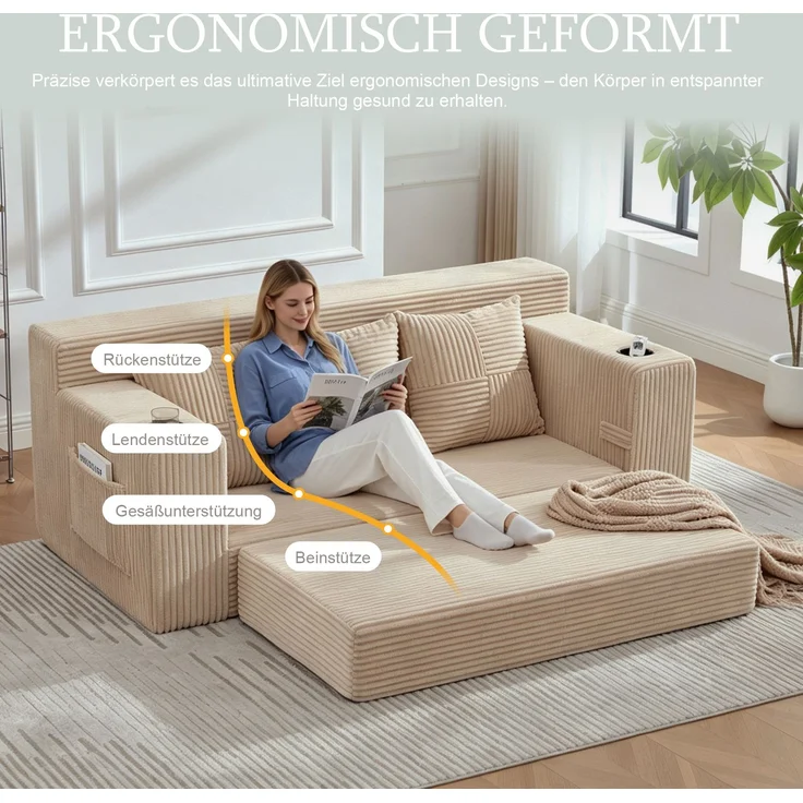 EINHOM Dreier-Sofa aus Baumwoll- und Leinenstoff, mit Getränkehalter und seitlichen Taschen, kann in drei Sitzplätze umgewandelt werden, rahmenloser Design mit gestrickten Kissen und Rückenlehne, großes Sitz – Bild 4