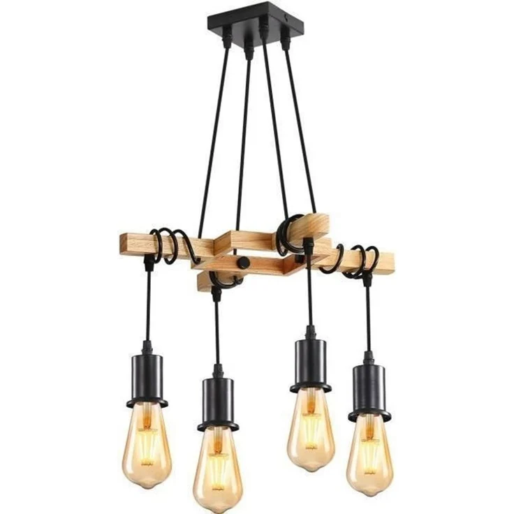 DELIPOP – Pendelleuchte aus Holz – E27 Retro – Industrie – Kronleuchter für Esszimmer, Wohnzimmer, Bar – 42 cm Durchmesser – 4 Leuchtmittel – Schwarz+Braun – 41x41x75cm – Bild 1