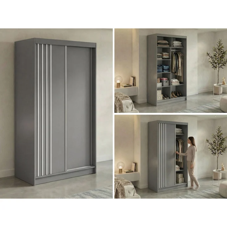 Schwebetürenschrank NAURU mit Lamellen-Optik, moderner Kleiderschrank, Breite 120 cm, inkl. Innenausstattung & Stauraum, Akustikpaneel-Design - Grau und Weiß – Bild 2