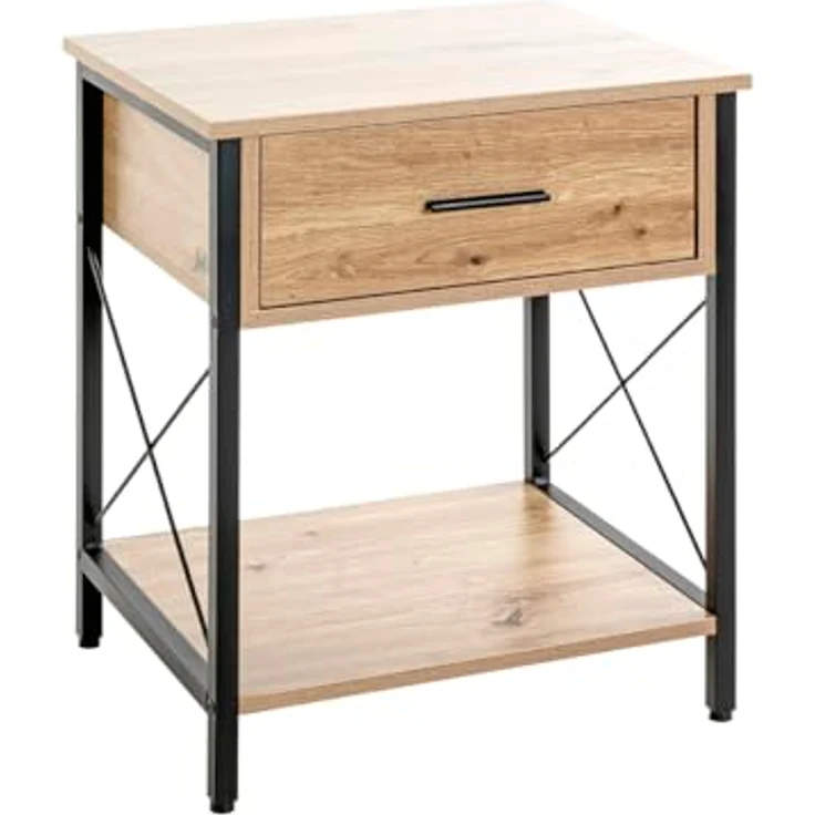 XXXL Beistelltisch, Schwarz und Eiche, Metall, mit 1 Schublade, offenes Fach, 40x60x45 cm, eckig – Bild 1