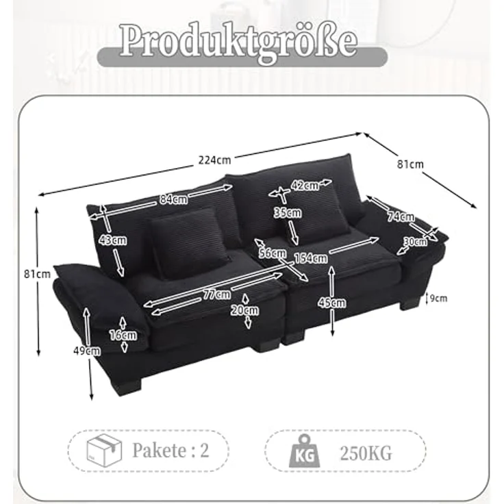 Ball & Cast Couch mit Schlaffunktion, Samt Sofa 2 Sitzer mit Kissen für das Wohnzimmer Wohnung Schlafzimmer, 224 x 81 x 81 (BxHxT), Schwarz – Bild 3