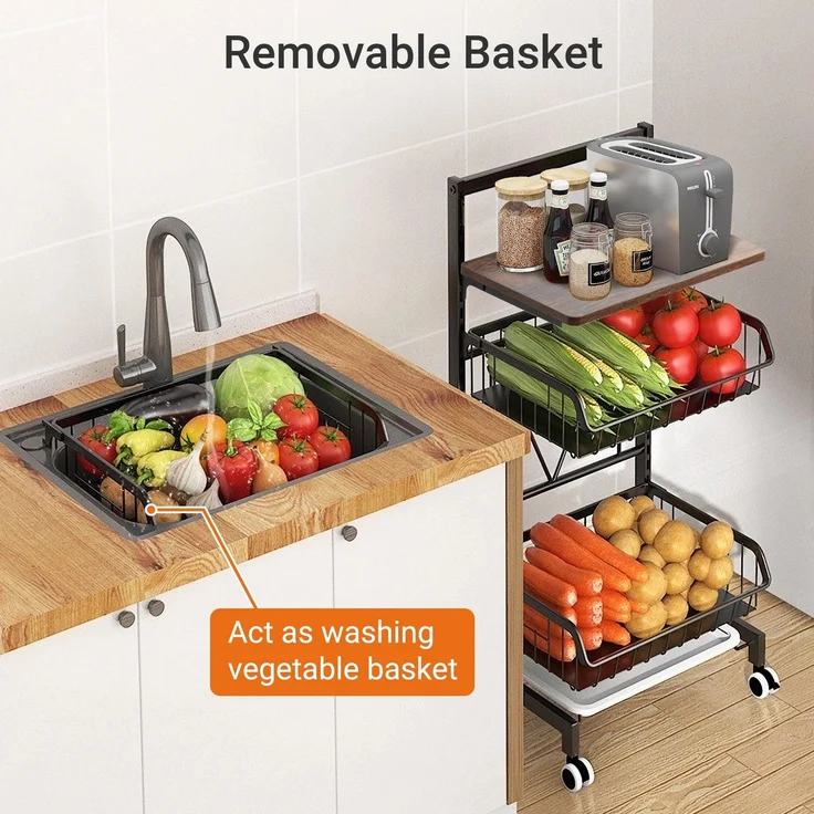 Todeco Gemüseregal für Küche, Stapelbarer Obstkorb Gemüse, Multipurpose Mobile Metal Storage Trolley, Aufbewahrungswagen KüchenWagen Mit Abschließbare Rollen Und – Bild 7