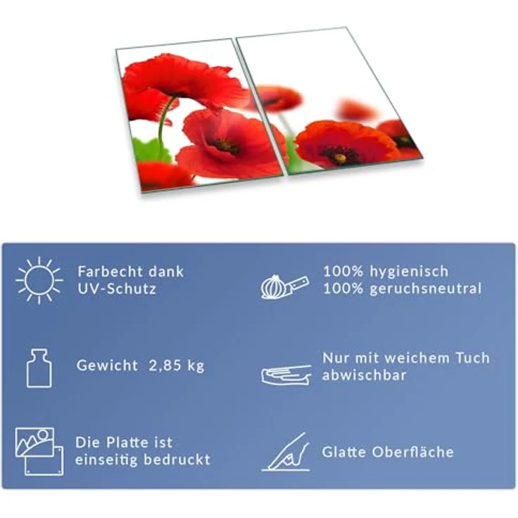 Herdabdeckplatte Abdeckung Ceranfeld Abdeckplatte Schneidebrett 2-Teilig 60x52 Mohnblume Rot Spritzschutz Glasplatte Ceranfeldabdeckung Schutz Herdschutz Sicherheitsglas Glasschneidebrett 2 x 30 x 52 – Bild 8