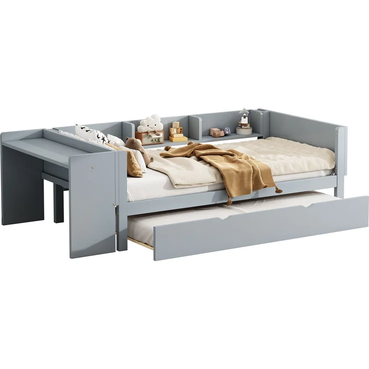 Kinderbett 90x200 cm mit ausziehbarem Rollbett, Schreibtisch & seitlichen Regalen, Funktionsbett aus Kiefernholz Grau – Bild 6