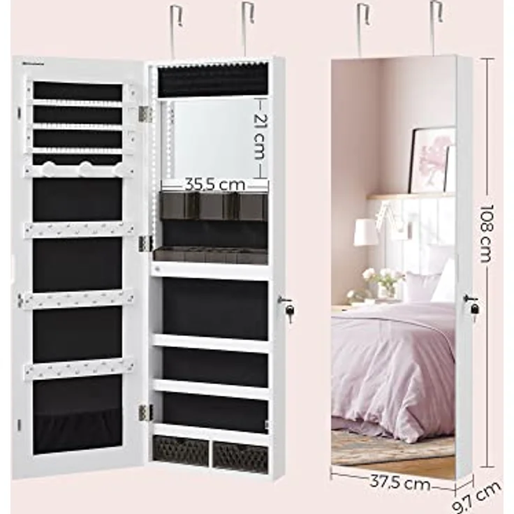Schmuckschrank-Organizer mit LED-Leuchten, abschließbarer Wandschrank mit Ganzkörperspiegel, eingebautem Schminkspiegel – Bild 7