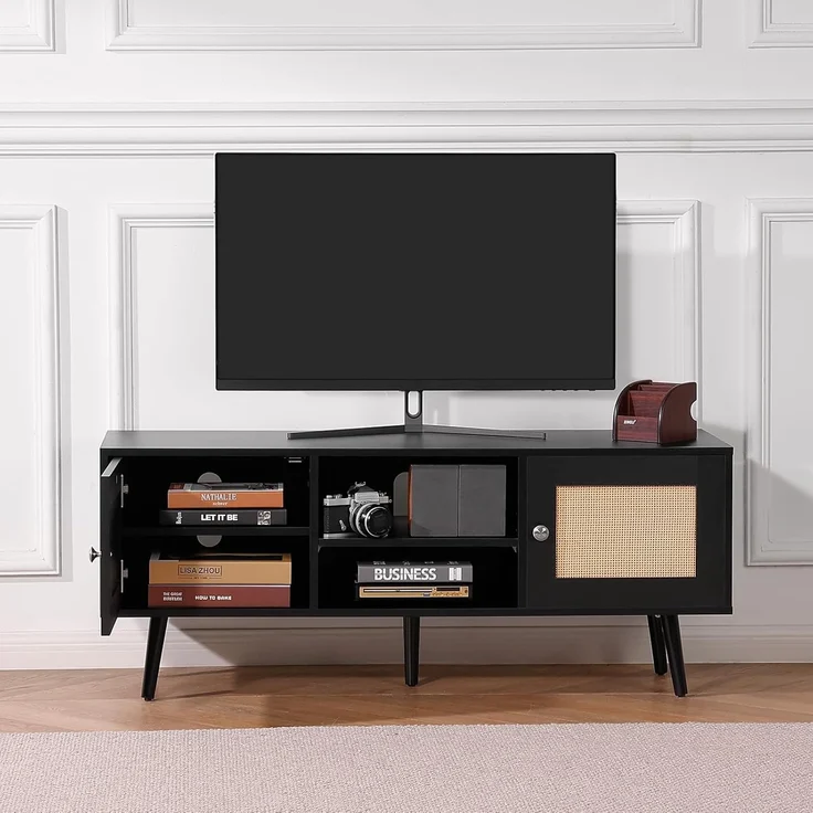 VEVOR Rattan-TV-Ständer, Fernsehschrank Boho-TV-Schrank für 140 cm Fernseher, Retro-TV-Ständer, Rattan-TV-Konsole mit verstellbaren Regalen & 2 Türen, für Wohnzimmer, Medienraum, Schwarz – Bild 8