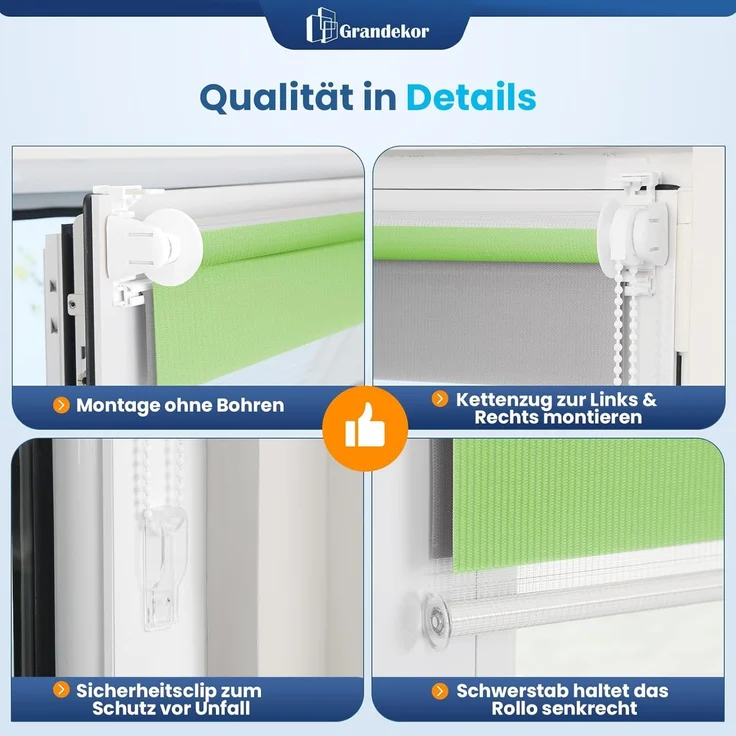 Grandekor Doppelrollo Klemmfix ohne Bohren Grün-Grau-Weiß 60x120 cm(Stoffbreite 56cm) Fenster Rollos für innen Klemmrollos Duo Rollos für Fenster ohne Bohren mit Bohren Privatschutz Zebrarollo – Bild 5