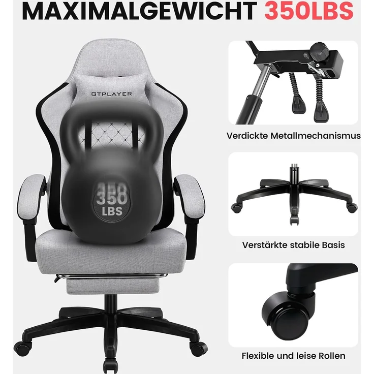 GTPLAYER Gaming-Stuhl Ergonomischer Gaming Sessel Schreibtischstuhl mit Stoffoberfläche (Pacekung), Federsitzkissen mit Fußstütze – Bild 3