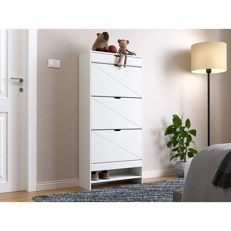 ZUBALIYA Schuhschrank (63 x 26 x 136,5 cm), 3 Schubladen, Aus MDF, Aufbewahrung für Schuhe, Hausschuhe und Schuhzubehör, Weiß