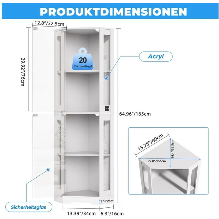 BROTTAR Eckvitrine 4-stöckiger Eckglasanzeigeschrank mit LED -Leuchten (1-St) modernes griffloses Design, 9kg Tragkraft pro Regal – Bild 3