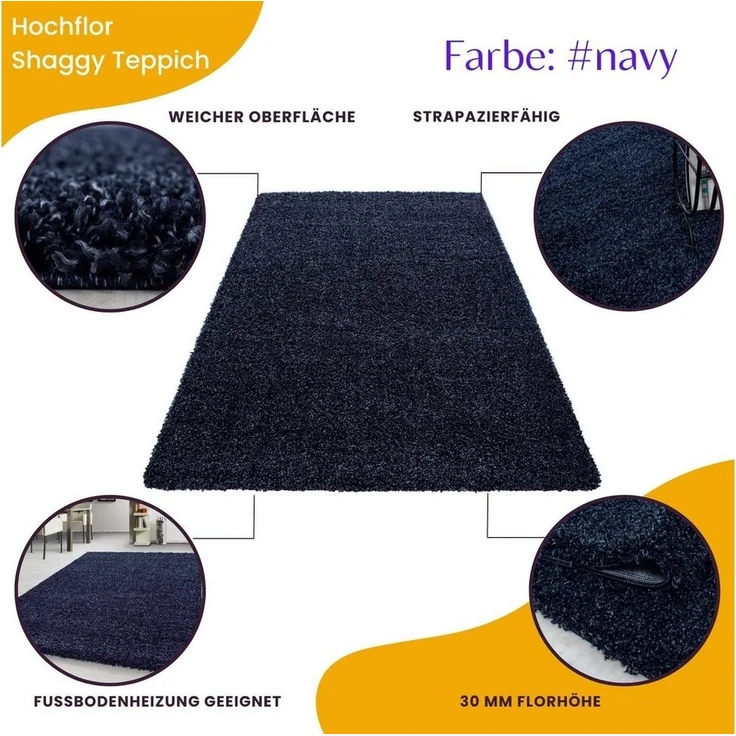 Teppium Teppich Unicolor - Einfarbig, Rechteckig, Höhe: 30 mm, Einfarbig Shaggy Teppich Wohnzimmer Langflor versch. farben und größen – Bild 2