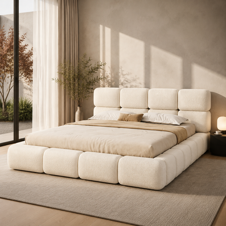 Polsterbett, Doppelbett, 200 x 200 cm, hydraulisch verstellbares Bett, Wolkenbett, Stauraumbett, Bubble-Design, mit Lattenrost, Kopfteil und großem Stauraum, gepolstertes Kopfteil, weißer Schlingenveloursstoff. – Bild 2