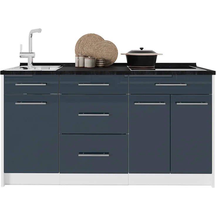 Küchenblock Fame-Line Dunkelblau Hochglanz/Weiß 150 cm, AP Eiche Vicco – Bild 6