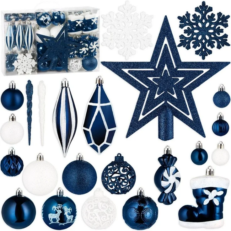 BRUBAKER Weihnachtsbaumkugel XXL Weihnachtskugel Set - Premium Christbaumschmuck (128 St), Baumschmuck mit Glitzer Kugeln, Figur Anhängern und Baumspitze Stern – Bild 5