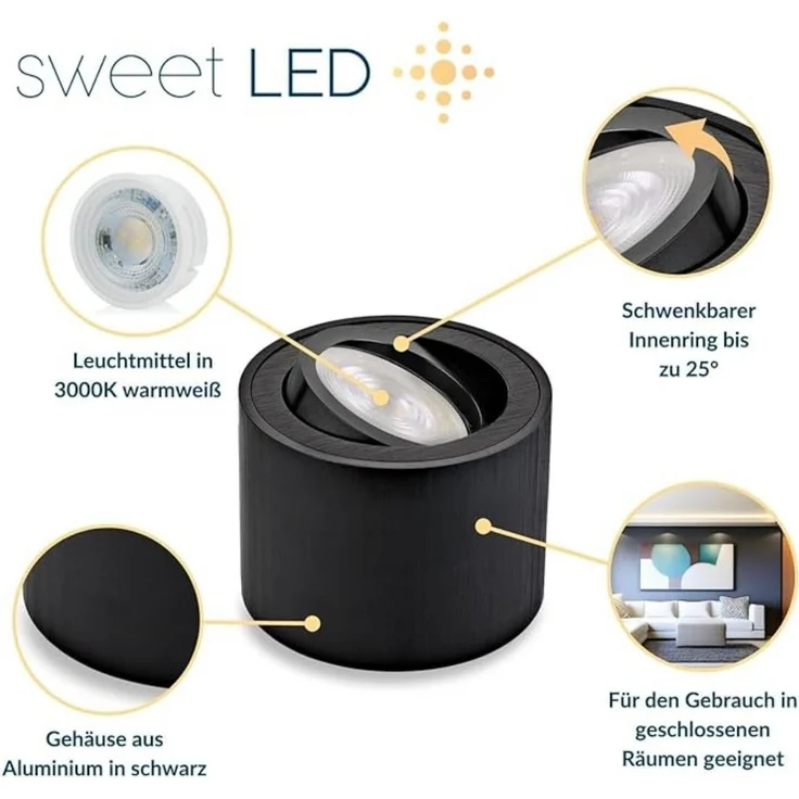Sweet LED LED Aufbaustrahler 4er Set flache LED Aufbauspots schwarz - rund & schwenkbar, 5 W, 230V, LED wechselbar, Warmweiß, LED Deckenlampe, Deckenspot, Deckenstrahler – Bild 2