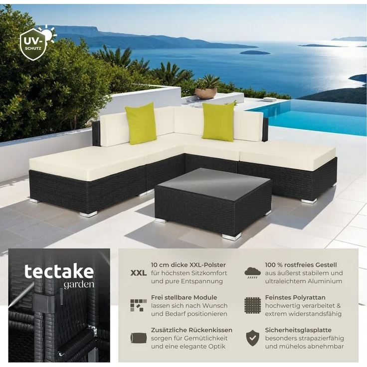 tectake Loungeset Rattan Sitzgruppe mit Sicherheitsglasplatte, 2 extra Kissen, (Gartenlounge-set Paris, 6-tlg, geeignet für Outdoor in Schwarz), wetterfest und UV-beständig, Dicke der Polster 10 cm